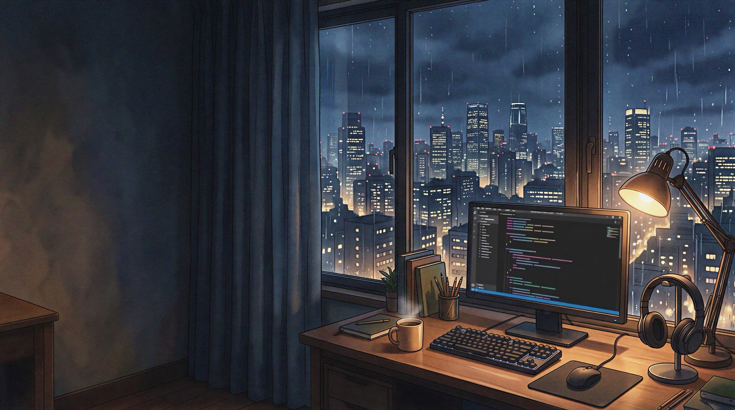 Coding desk with city skyline at night