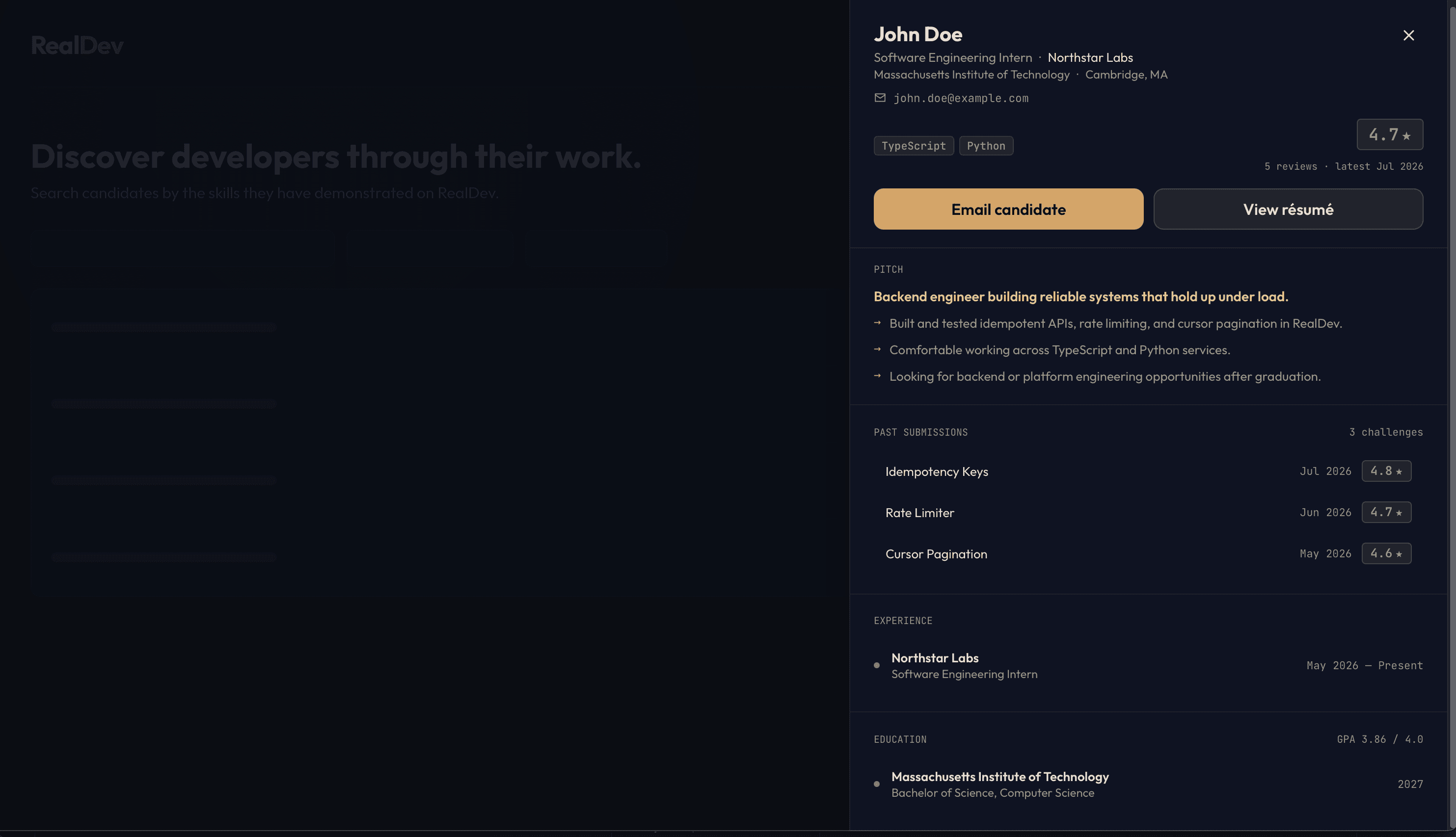 RealDev Talent candidate profile for John Doe showing a pitch, completed challenges, experience, and education