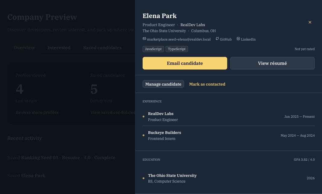 RealDev Talent sample profile for Elena Park showing skills, experience, education, and recruiter actions